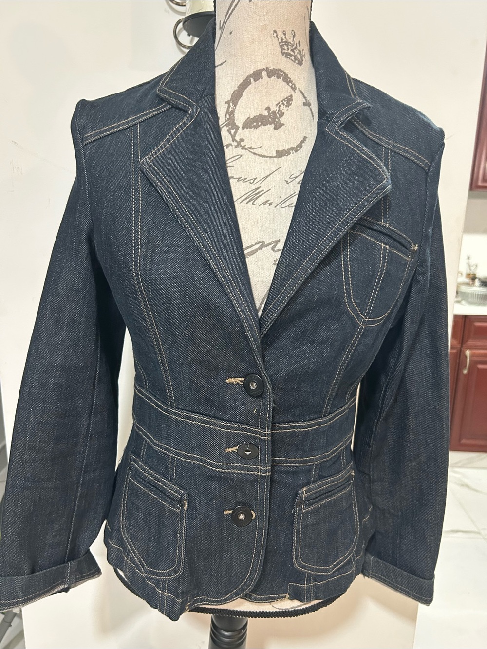Riders by Lee Dark Blue Denim Tailored Blazer Fitted Waist Bottom Down Pocket M